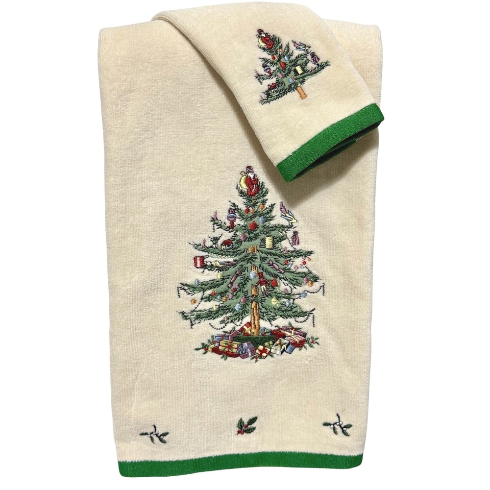 Spode Christmas Tree Towel and Face Cloth Set Avanti Linens  Embroidered 2pc